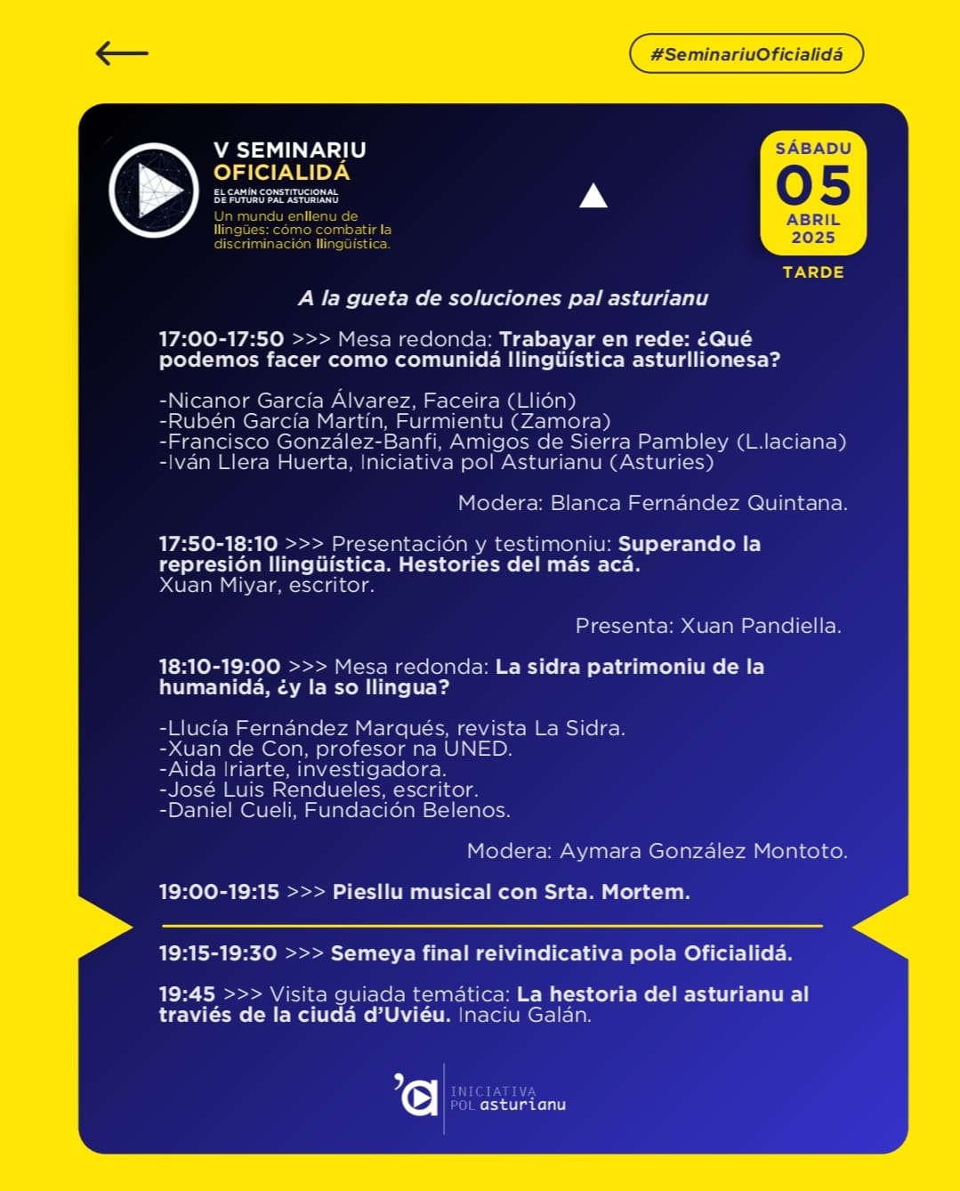 Programa V seminariu oficialidá. Iniciativa pol asturianu