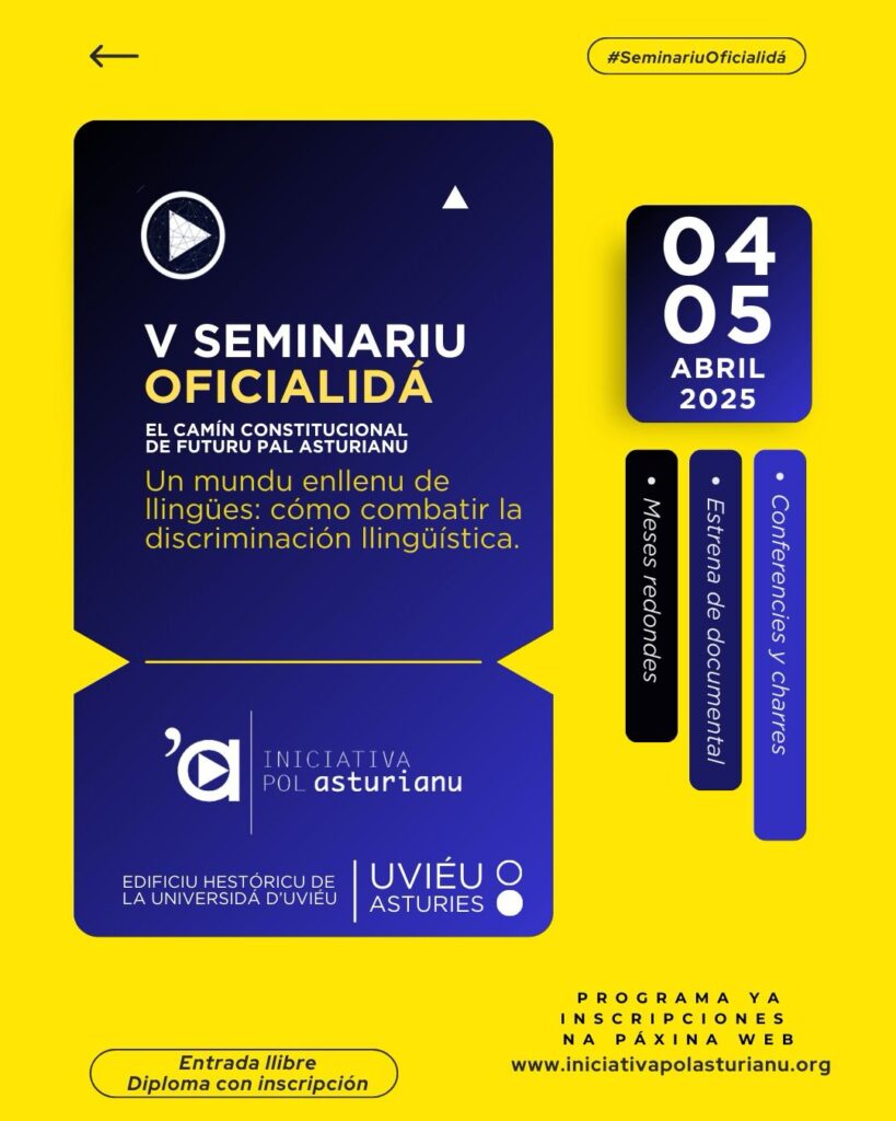 Cartel V seminariu oficialidá. Iniciativa pol asturianu