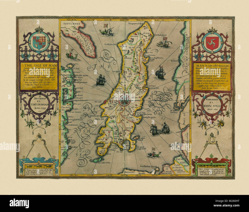 Isla de Man, mapa antiguo (hacia 1605). Foto de archivo